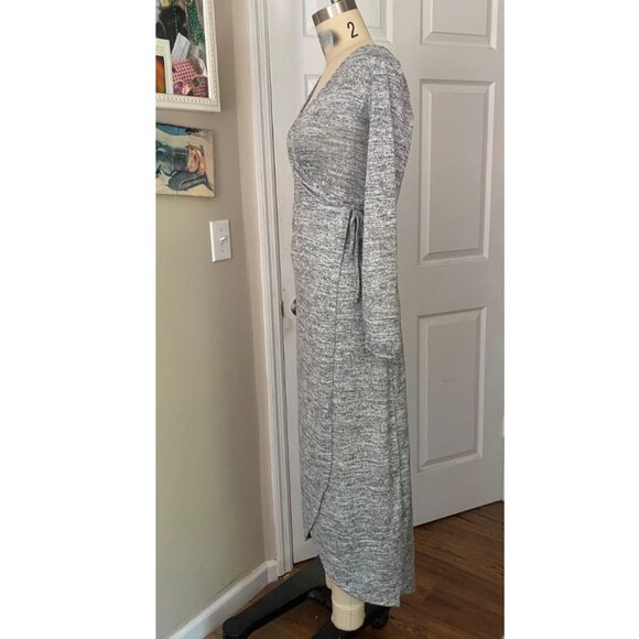 NORDSTROM Heather Gray Long Sleeve belted Mock Wrap midi Dress *X-SMALL* - Picture 3 of 6